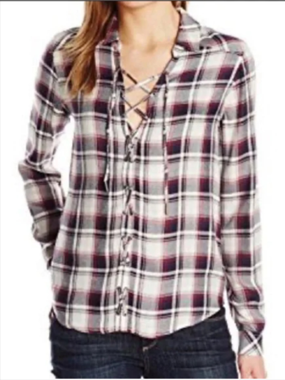 PAIGE plaid button up blouse with laced front long sleeve blouse M 6-10 MSRP$195